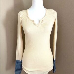 We The Free Cream and Tan Fitted Ribbed Blouse